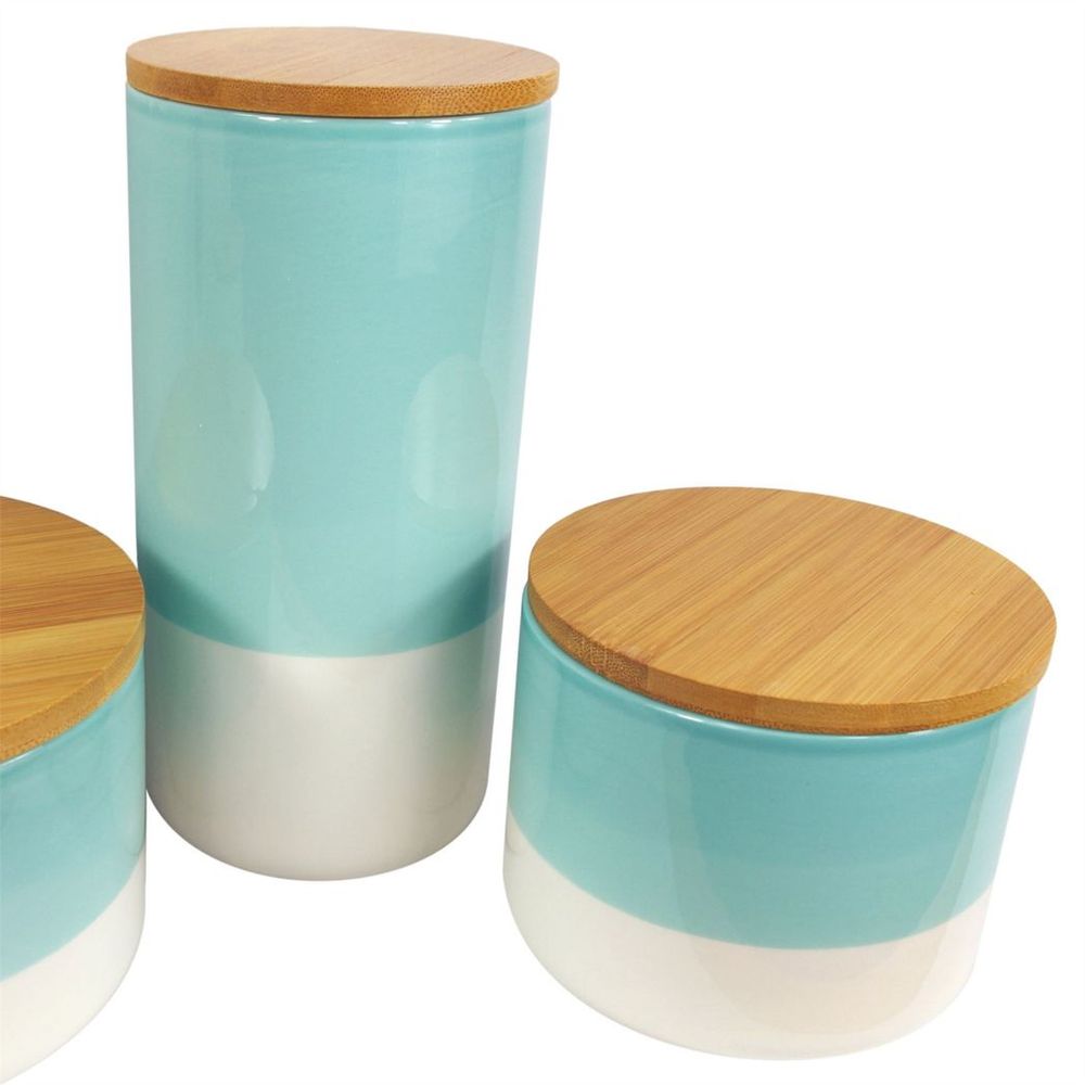 Set of Three Canisters Aqua Green Ceramic Storage Jars with Lids in Green