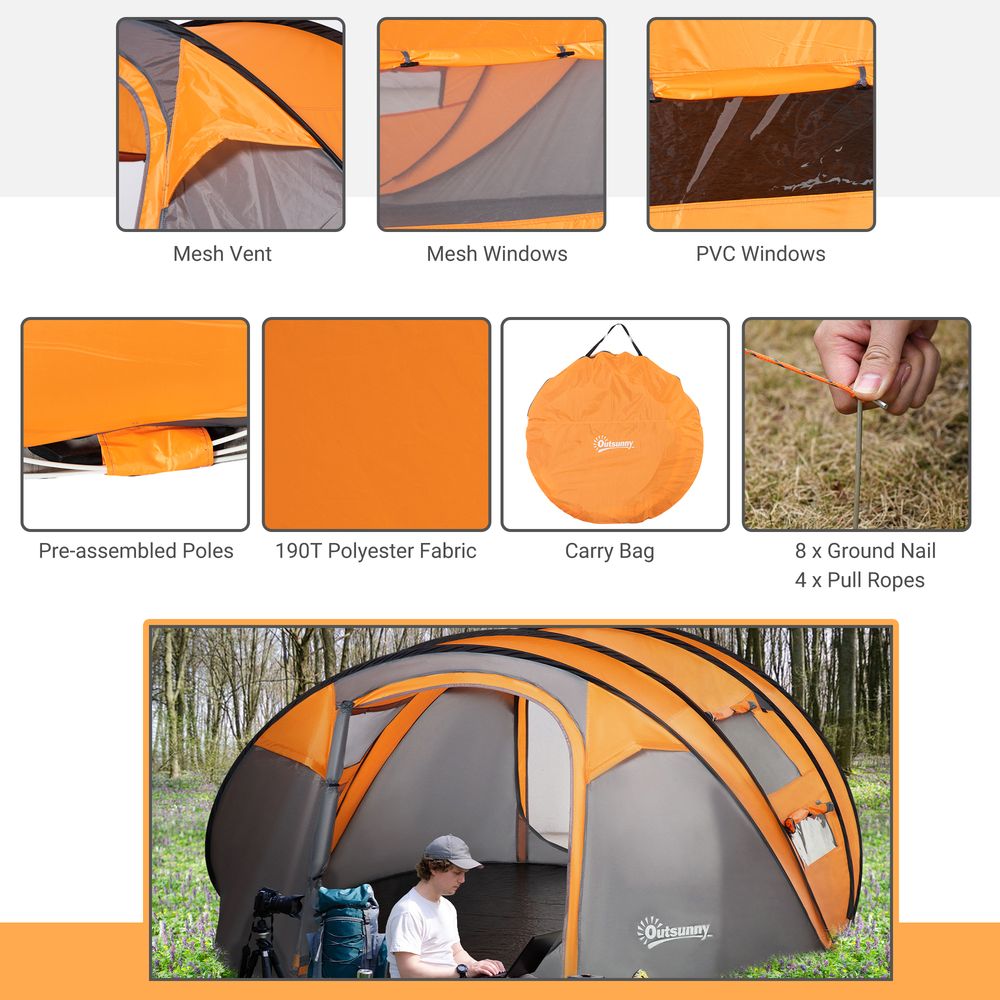 Lightweight 4-5 Person Camping Tent - Pop-Up Dome with Windows - Orange