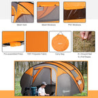 Lightweight 4-5 Person Camping Tent - Pop-Up Dome with Windows - Orange