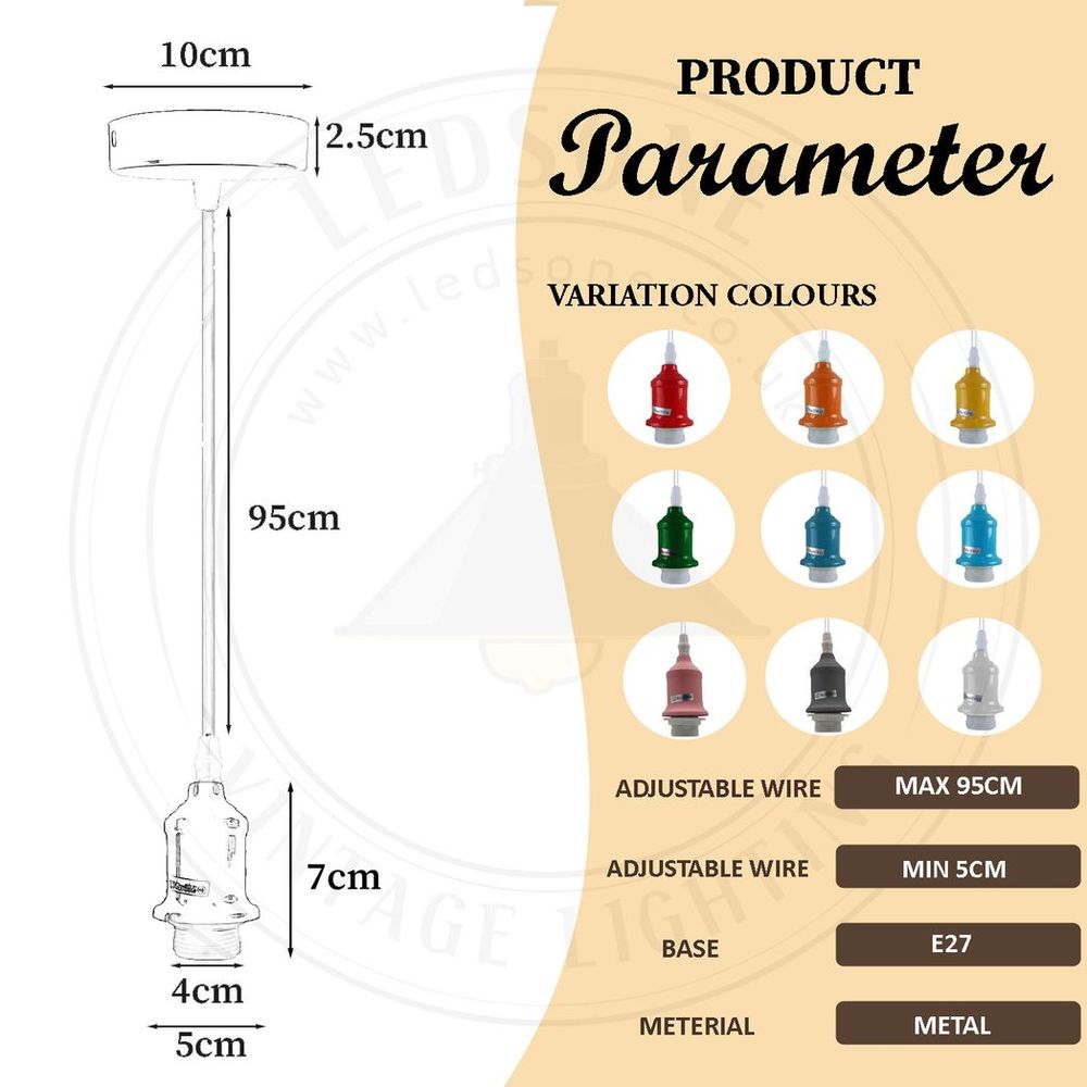 10 Pack Industrial Pendant Light Fitting, lampshade addable E27 Lamp Holder Fitting Set with PVC Cable with Features Detail