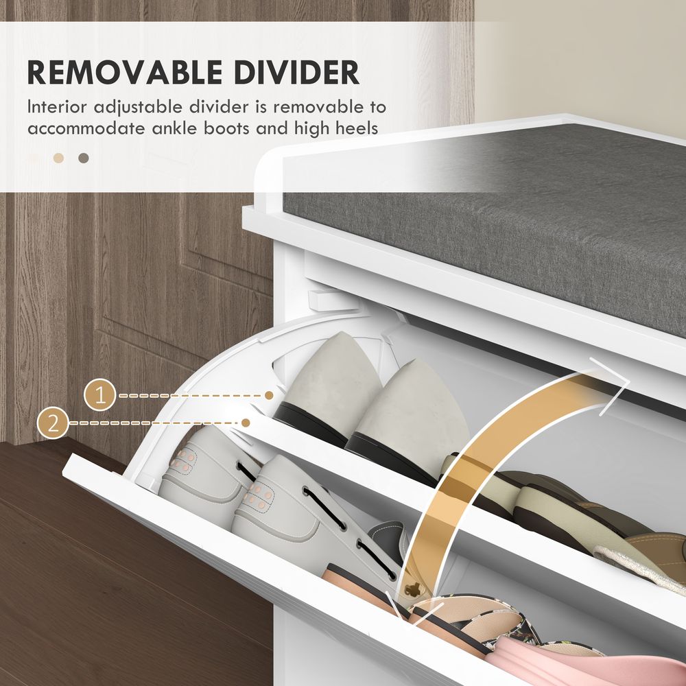 10-Pair Shoe Bench: White, Entryway, Cushion, Flip Drawer