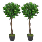 90cm Pair of Artificial Bay Topiary Ball Trees, Green Twist