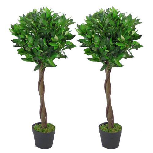 90cm Pair of Artificial Bay Topiary Ball Trees, Green Twist