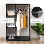 Space-Saving Rolling Open Wardrobe w/ Hanging Rail & Storage Shelves, Black