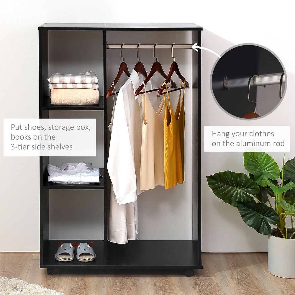 Space-Saving Rolling Open Wardrobe w/ Hanging Rail & Storage Shelves, Black