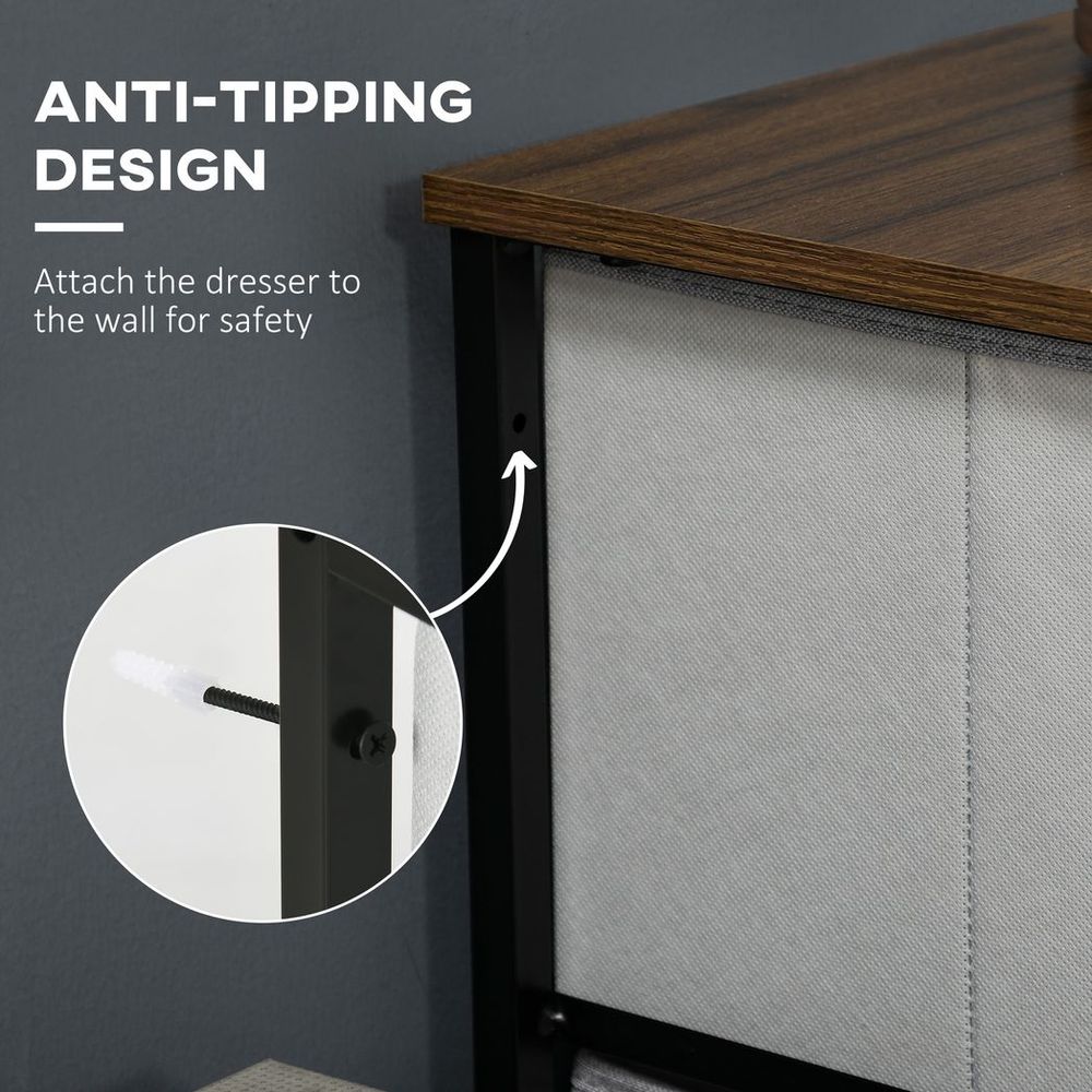 5 Drawer Fabric Chest - Wooden Top - Grey