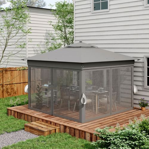 3x3(m) Pop Up Gazebo w/ Solar-Powered LED Lights Curtain Netting Grey