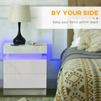 White Bedside Table, High Gloss Front Nightstand w/ LED Light, 2 Drawers