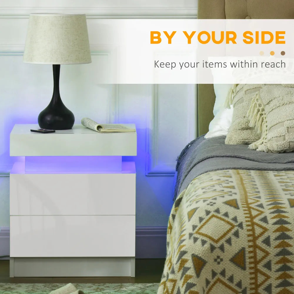 White Bedside Table, High Gloss Front Nightstand w/ LED Light, 2 Drawers