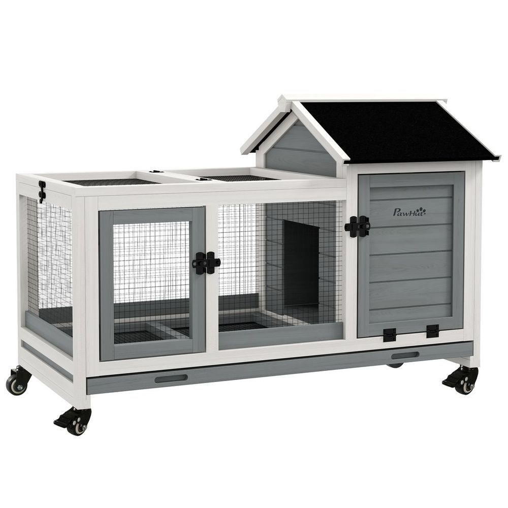 Wooden Rabbit Hutch, Small Animal House w/ Wheels, Removable Tray - Grey