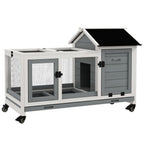 Wooden Rabbit Hutch, Small Animal House w/ Wheels, Removable Tray - Grey