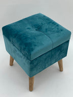 Velvet Footrest Trunk - Blue - Storage Compartment, Wooden Legs