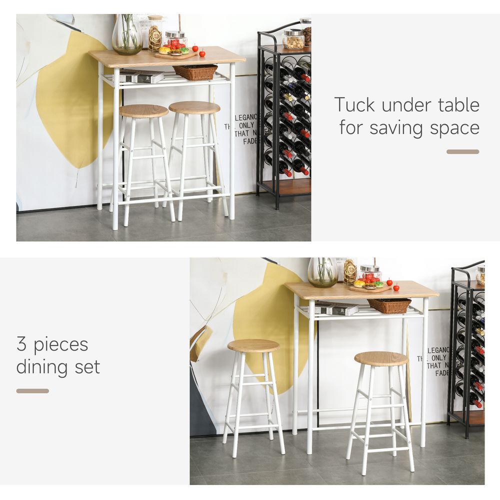 3Pc Bar Height Dining Set: White Oak; 3-Piece Kitchen Furniture for Small Spaces; Steel Frame; MDF Tops
