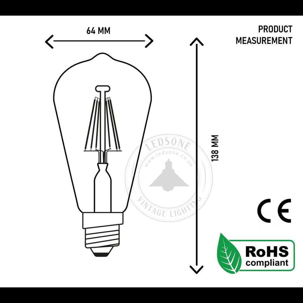 6 Pack E27 LED Edison Dimmable Vintage Amber Glass Warm white 2700K Light Bulb - 6W