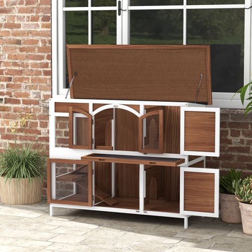 Two-Tier Wooden Rabbit Hutch w/ Openable Roof, Slide-Out Tray, Ramp