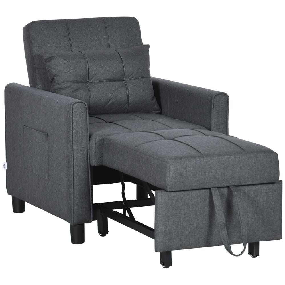 Pull Out Chair Bed, Sleeper Chair with Pillow, Side Pockets, Grey