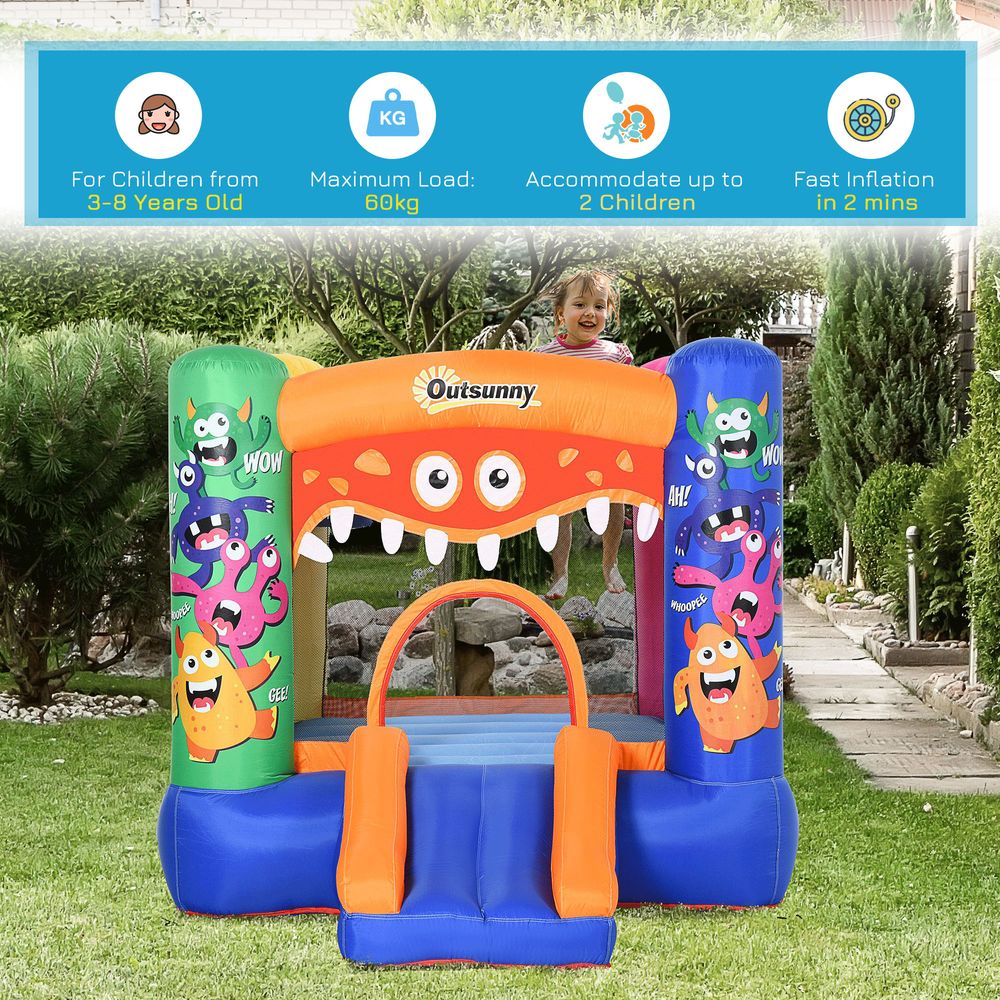 3-in-1 Kids Bouncy Castle with Slide Trampoline Basket, Inflatable Bounce House with Blower for Kids Age 3-8 Monster Design 2.5 x 1.8 x 1.75m