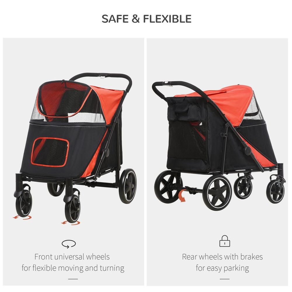 Foldable Dog Carriage w/ Universal Wheels, Shock Absorber - Red