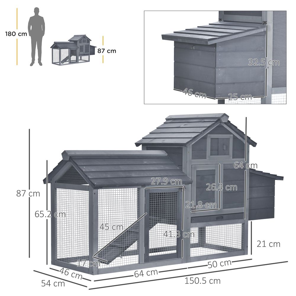 Small Chicken Coop Hen Cage Nesting Box W/ Outdoor Run 150.5X54x87 Cm Grey