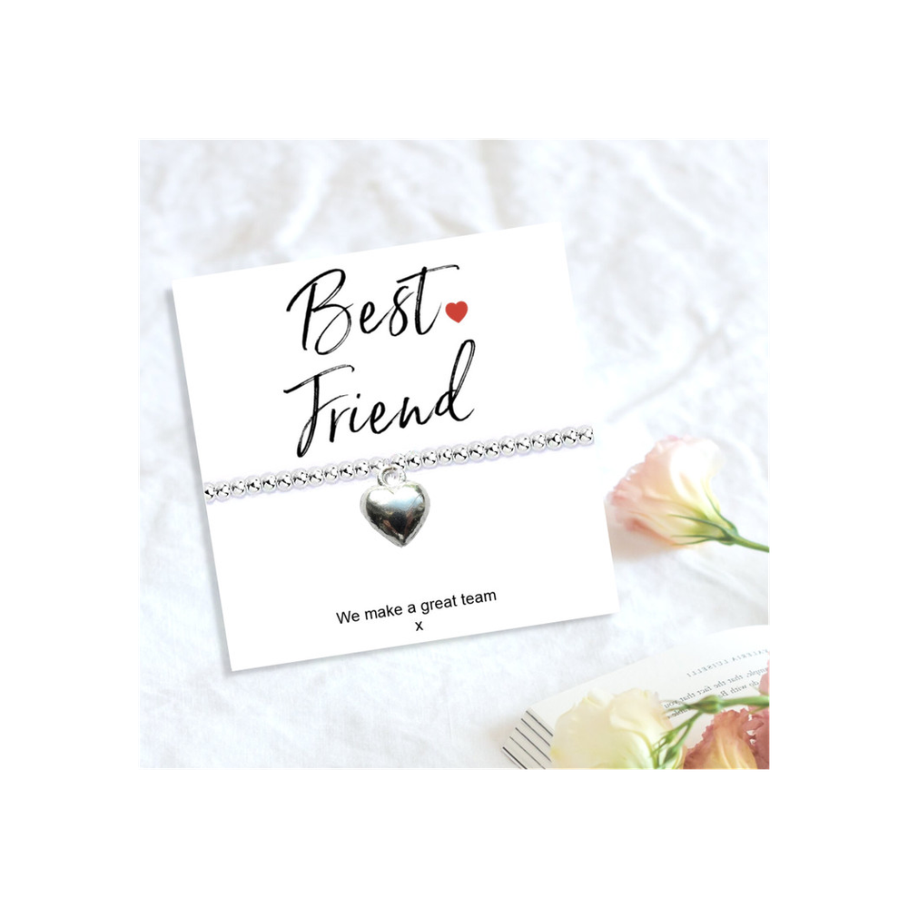 Best Friend Stretch Bracelet & Message Card - Silver Plated Beaded Charm - Birthday, Christmas Gift