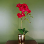 50cm Phalaenopsis Orchid Artificial - Red Leopard - Gold Pot with Realistic Detail