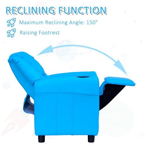 Kids Recliner, PU Leather Kids Armchair, Kids Chair, Toddler Armchair with Adjustable Backrest, Footrest, Padded Headrest, Cup Holder, Blue