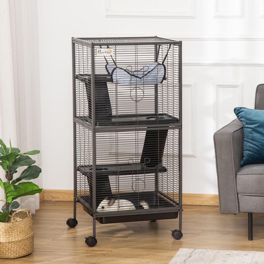 Small Animal Cage with Wheels Pet Home for Chinchillas Ferrets Kittens, with Hammock, 4 Platforms, Removable Tray, Grey