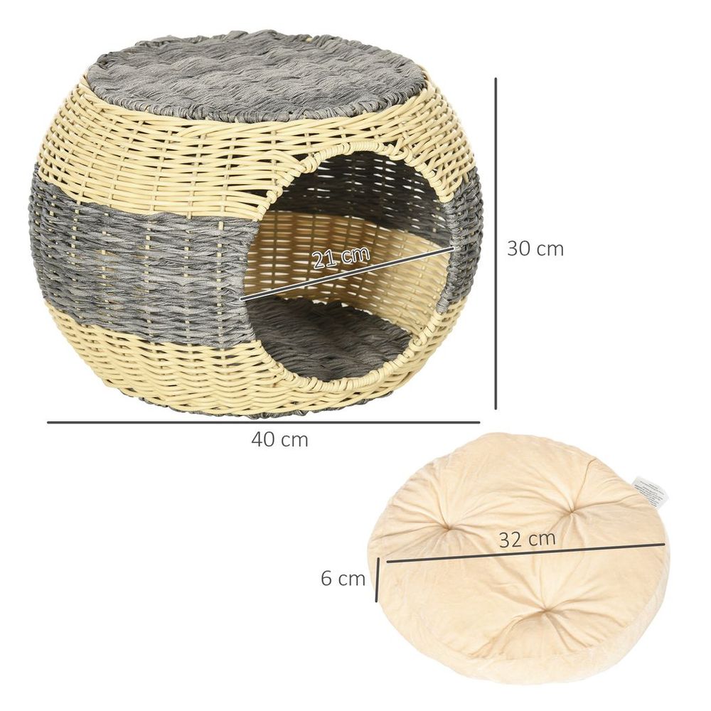 Wicker Cat House, Rattan Raised Cat Bed, Comfy Cushion - 40x30cm