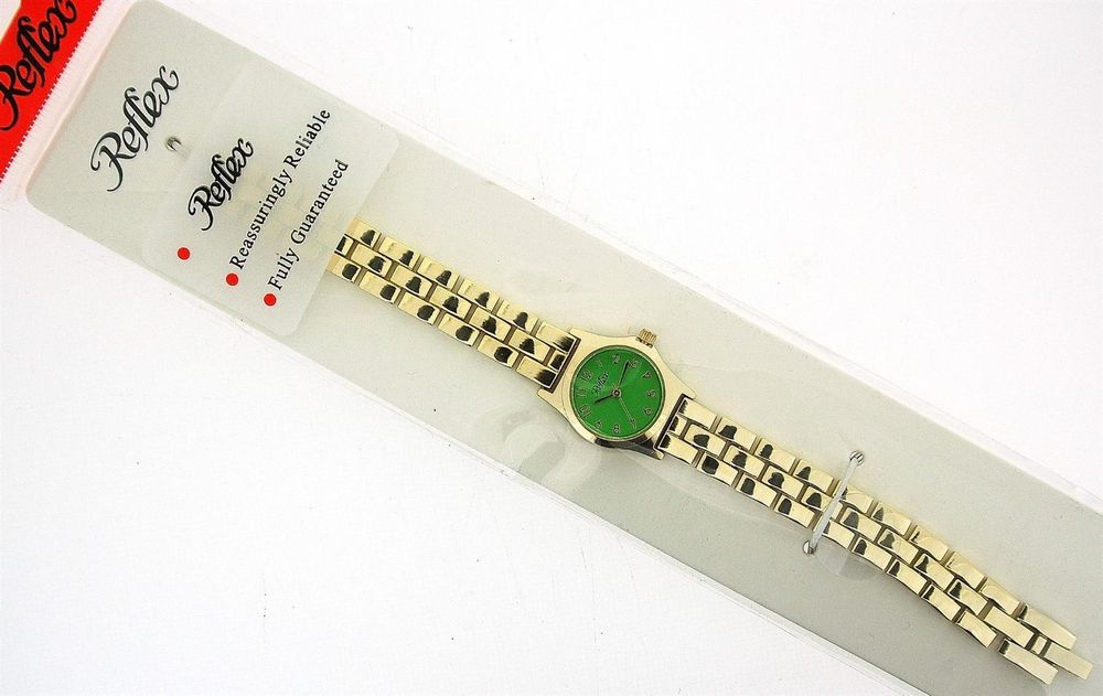 Ladies Metal Analogue Green Dial & Yellow Tone Metal Bracelet Strap Watch