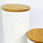 Set of Two Ceramic Jars Embossed Cream Canisters with Lids in Ceramic