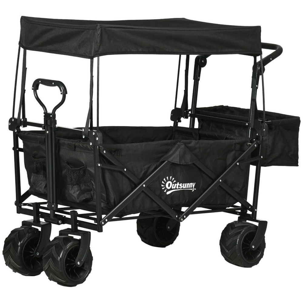 Foldable Trolley Cart w/ 4 Wheels, 2 Compartments, Canopy - Black