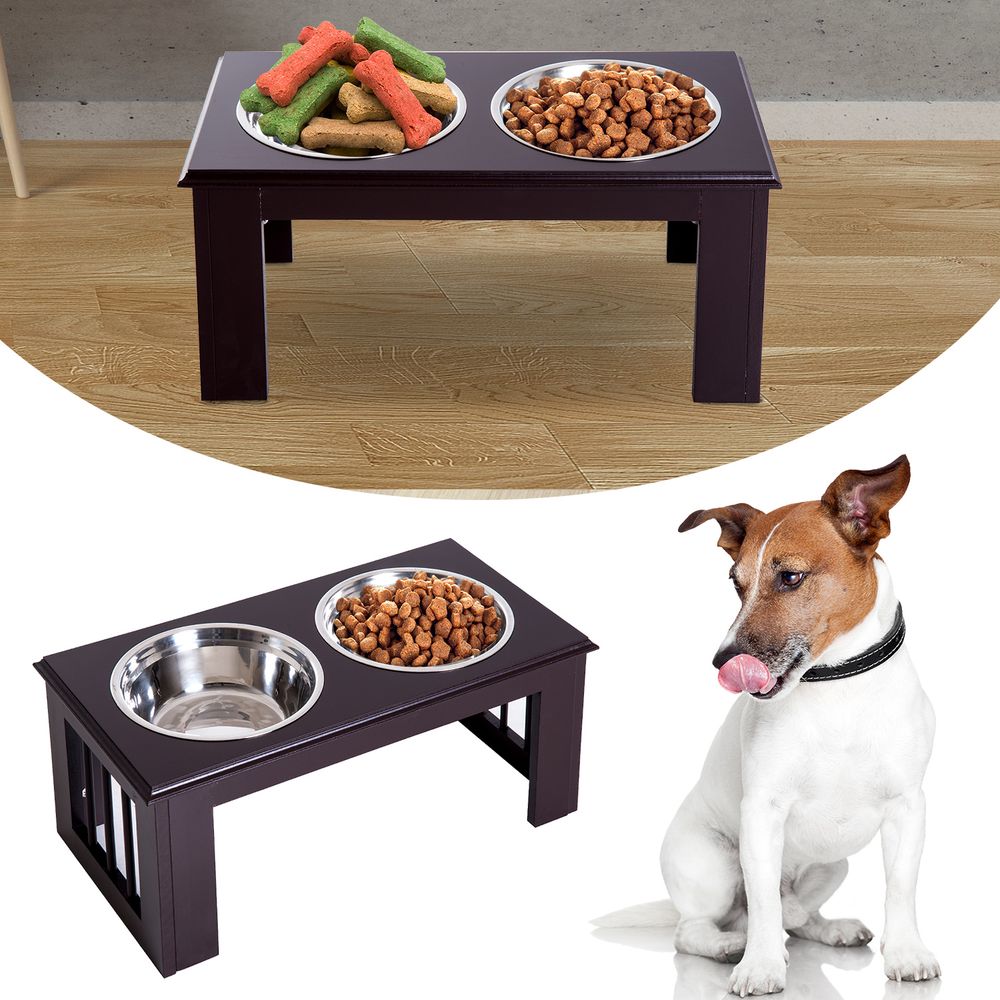 Raised Dog Bowls Pet Feeder Elevated Double Stainless Steel Water Brown in Brown