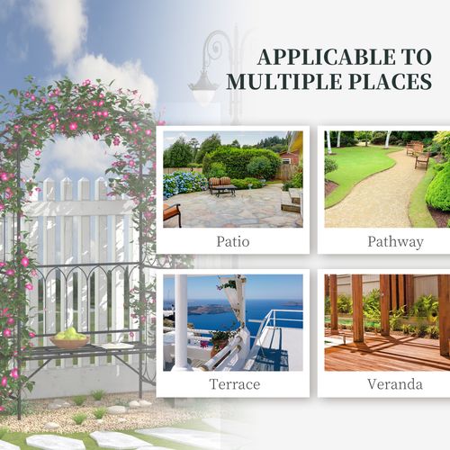 Garden Metal Arch Bench Outdoor 2-Seater Chair, Patio Rose Trellis Arbour Pergola for Climbing Plant Vintage Classic Black 115L x 50W x 203H cm