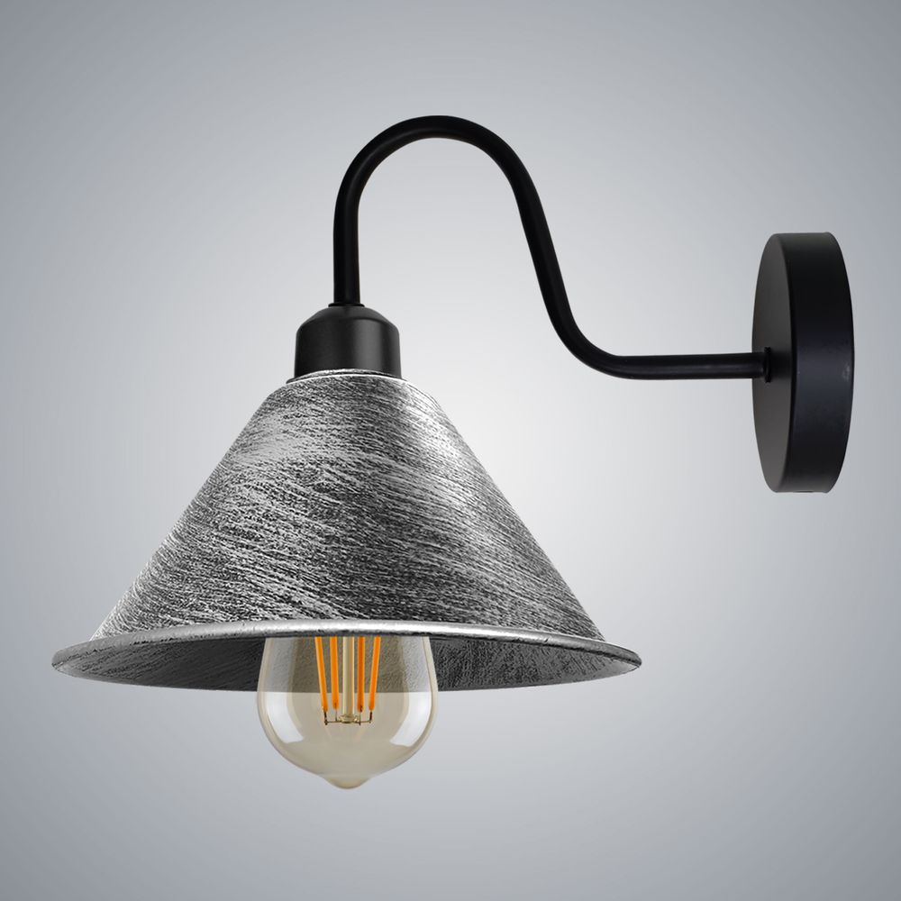 Vintage Silver Wall Sconce - Cone Shape Shade, Swan Neck Arm, Dimmable, E27 Base - for Indoor Lighting