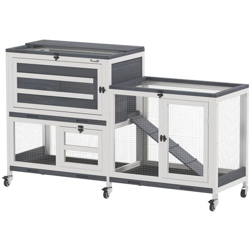 2 Tier Rabbit Hutch with Run, Wheels, 2 Openable Top, 3 Plastic Trays