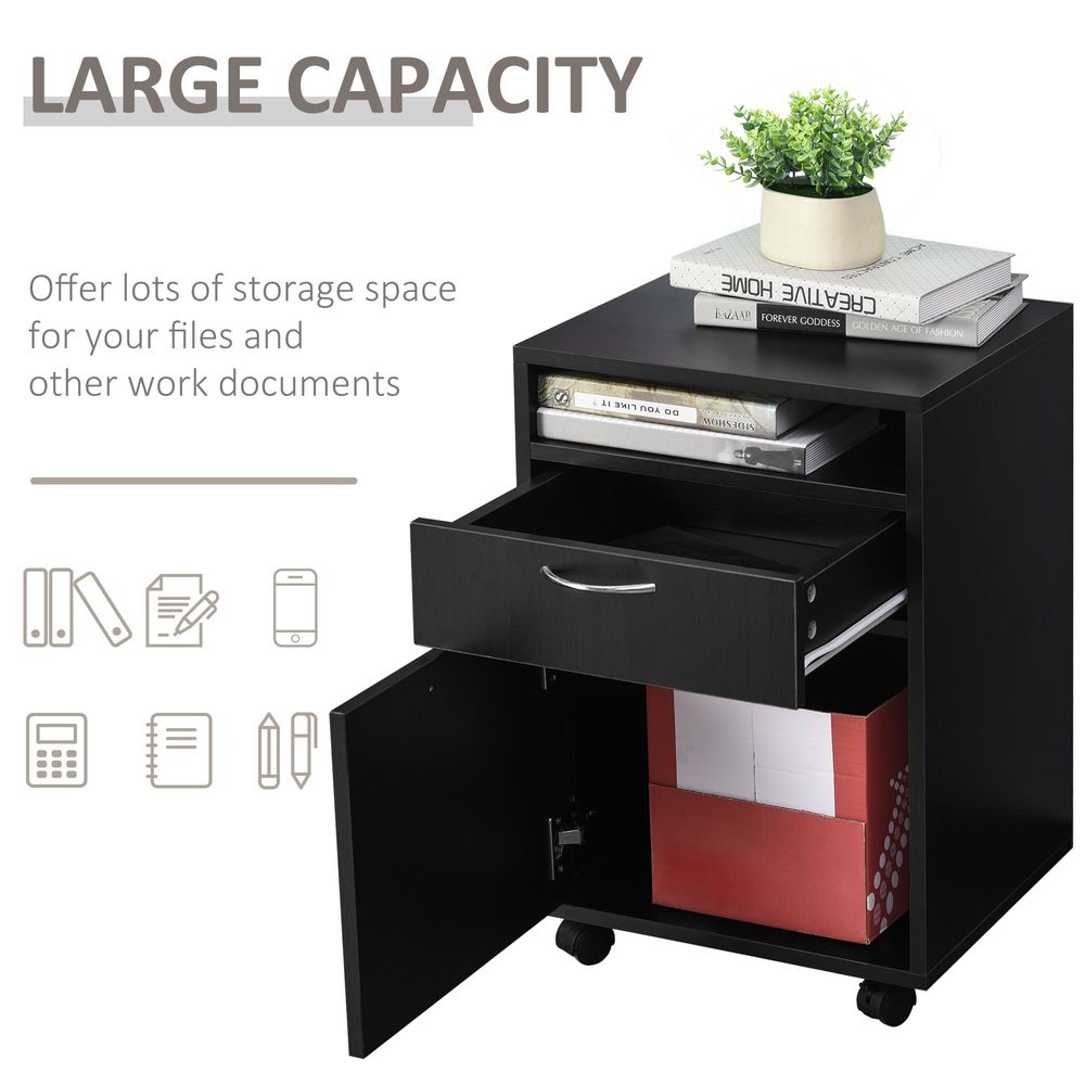 60cm Storage Cabinet w/Drawer Open Shelf Metal Handles 4 Wheels Office Home Organiser Mobile Printer Black