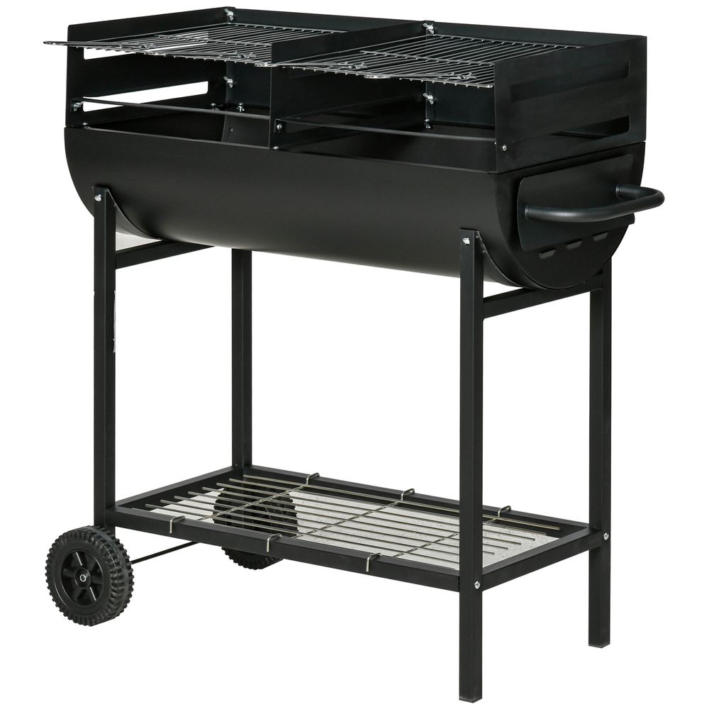 Steel 2-Grill Charcoal BBQ w/ Wheels - Black
