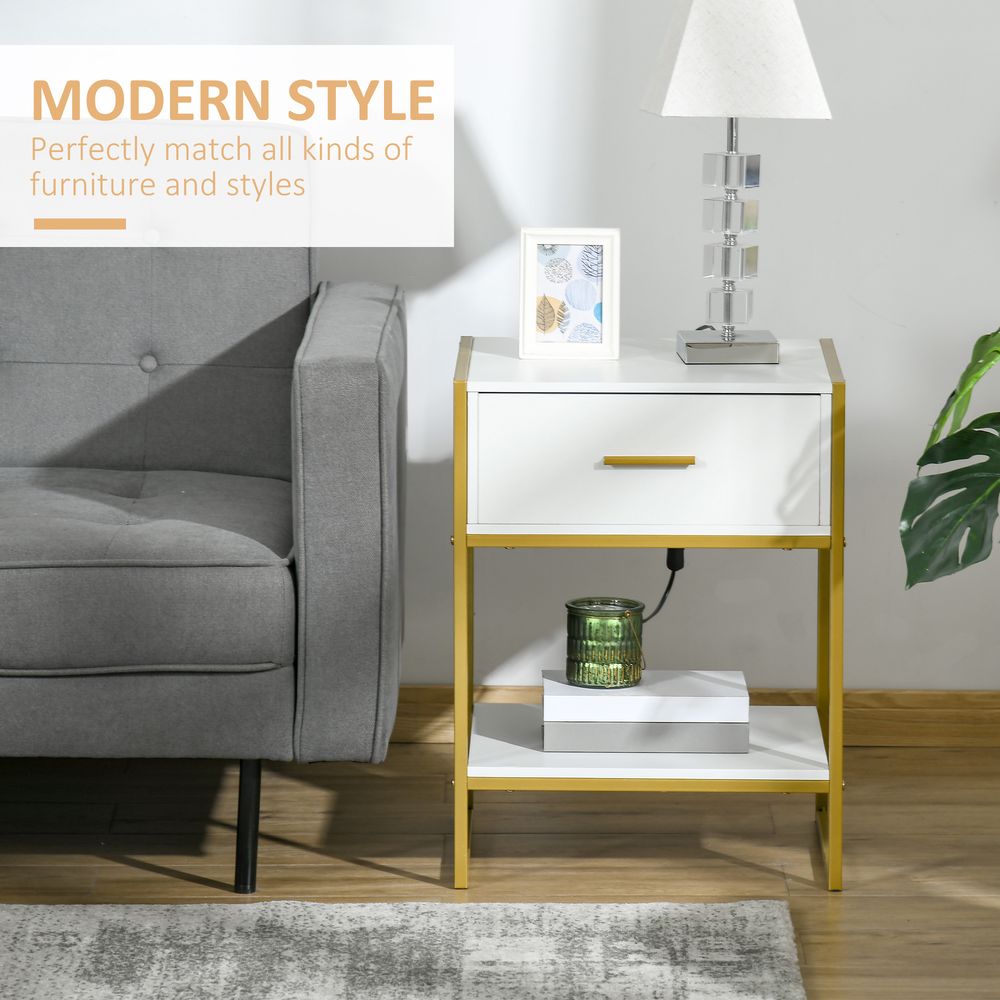 Modern Bedside Table, Nightstand with Drawer Shelf, Side Table for Living room, Bedroom White and Gold