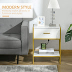Modern Bedside Table, Nightstand with Drawer Shelf, Side Table for Living room, Bedroom White and Gold