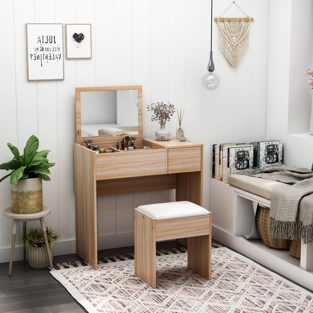 Dressing Table Set with Padded Stool - Stylish, Multi-Purpose, Mirror, Storage, Comfortable