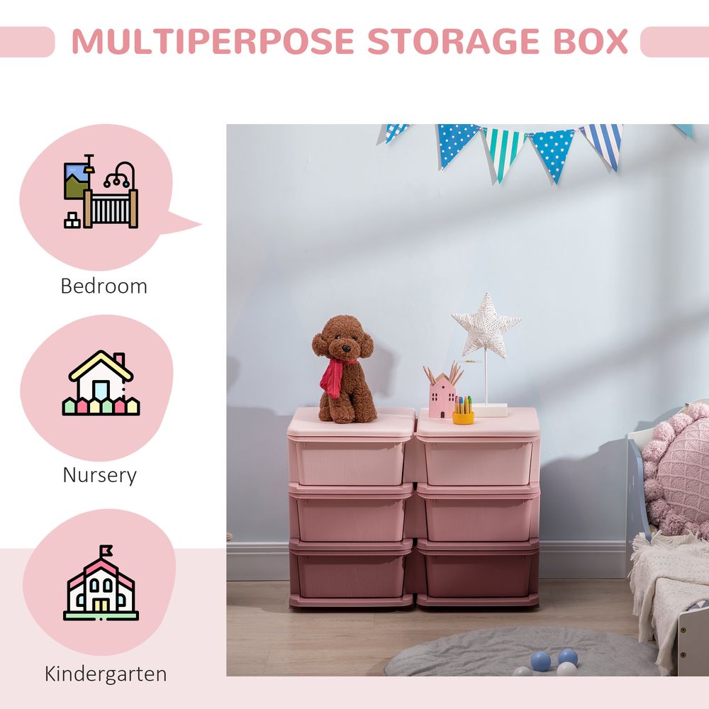 Kids Storage Units with 6 Drawers 3 Tier Chest Vertical Dresser Tower Toy Organizer for Nursery Playroom Kindergarten Pink
