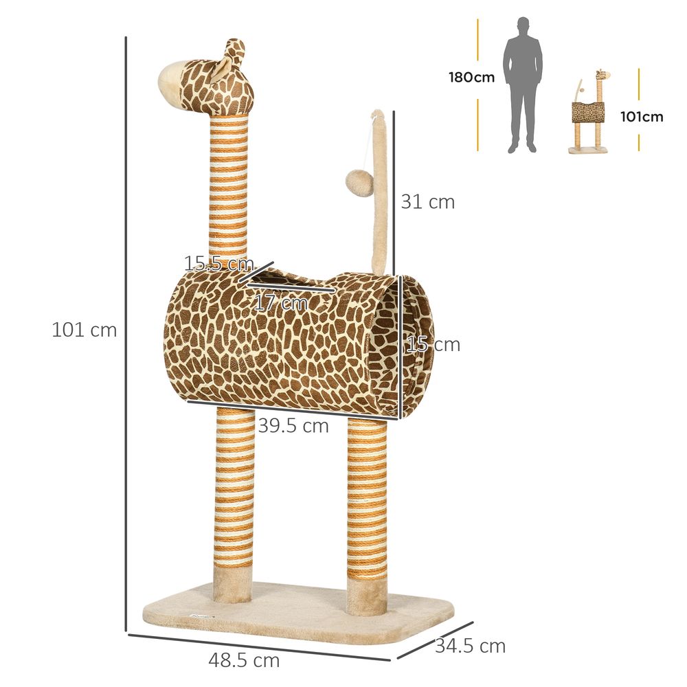 Cat Tree for Indoor Cats Cute Giraffe Kitten Play Tower w/Scratching Posts, Tunnel, Toy Ball, 48.5 x 34.5 x 101cm - Beige