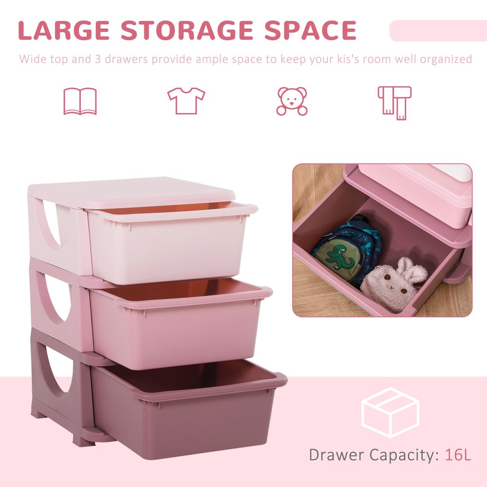 Kids Storage Units with 3 Drawers 3 Tier Chest Vertical Dresser Tower Toy Organizer for Nursery Playroom Kindergarten Pink