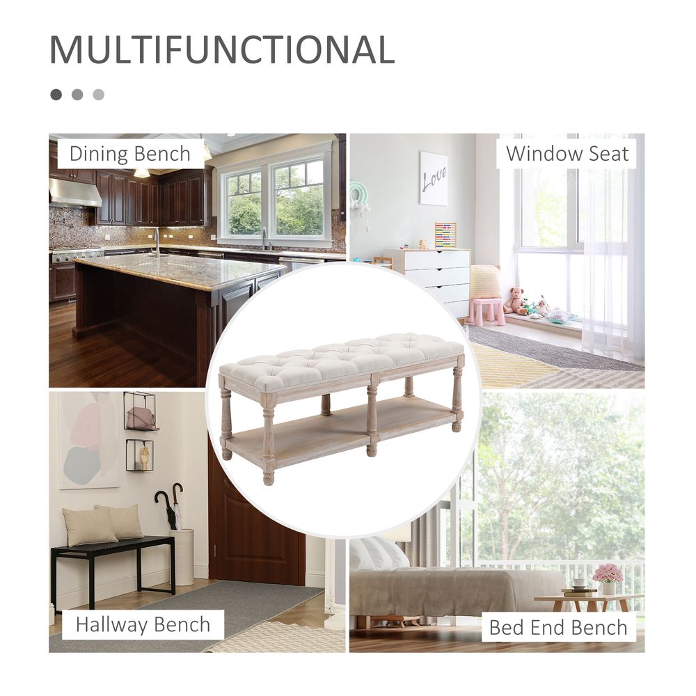 2-Tier Bed End Bench, Vintage Stool, Wooden Window Seat with Storage Shelf, Button Tufted Upholstered Footstool for Living Room, Bedroom, Entryway, Cream White