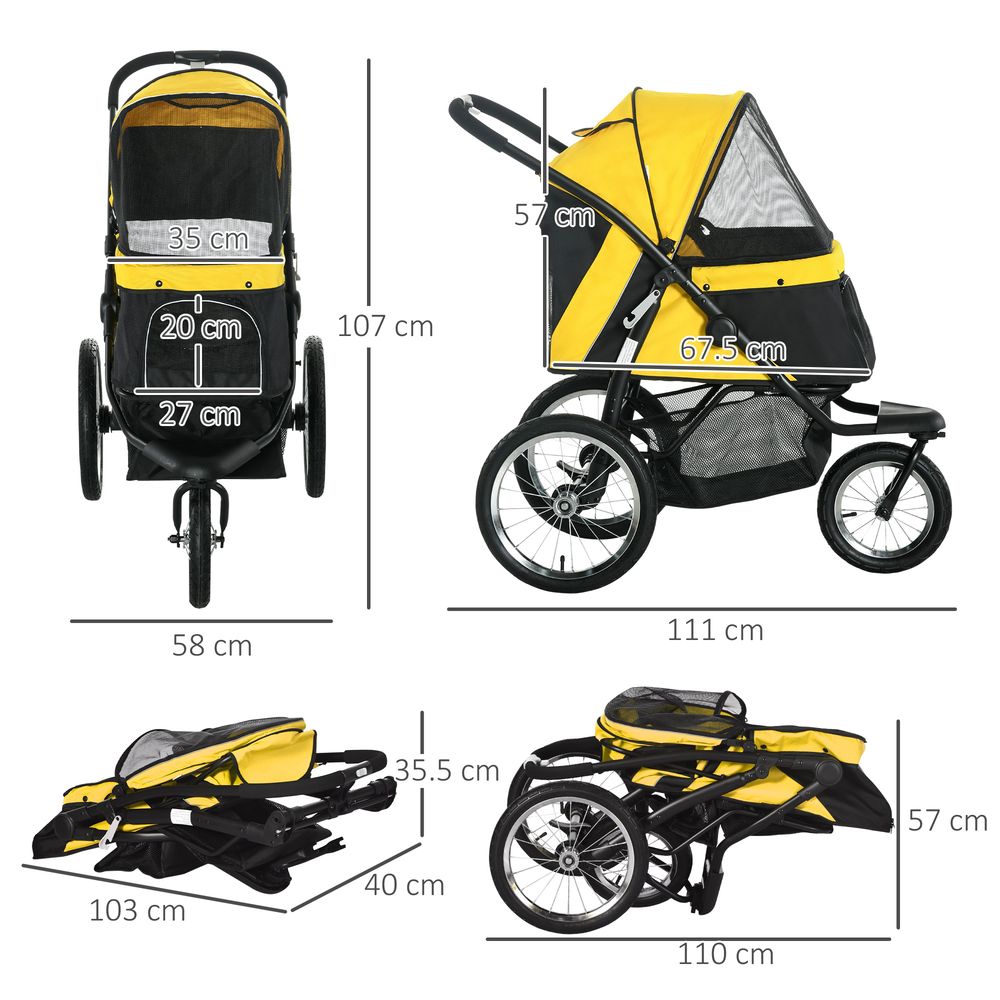 3 Wheel Pet Stroller - Yellow - Medium Small Dogs Cat Pram - Foldable & Stylish