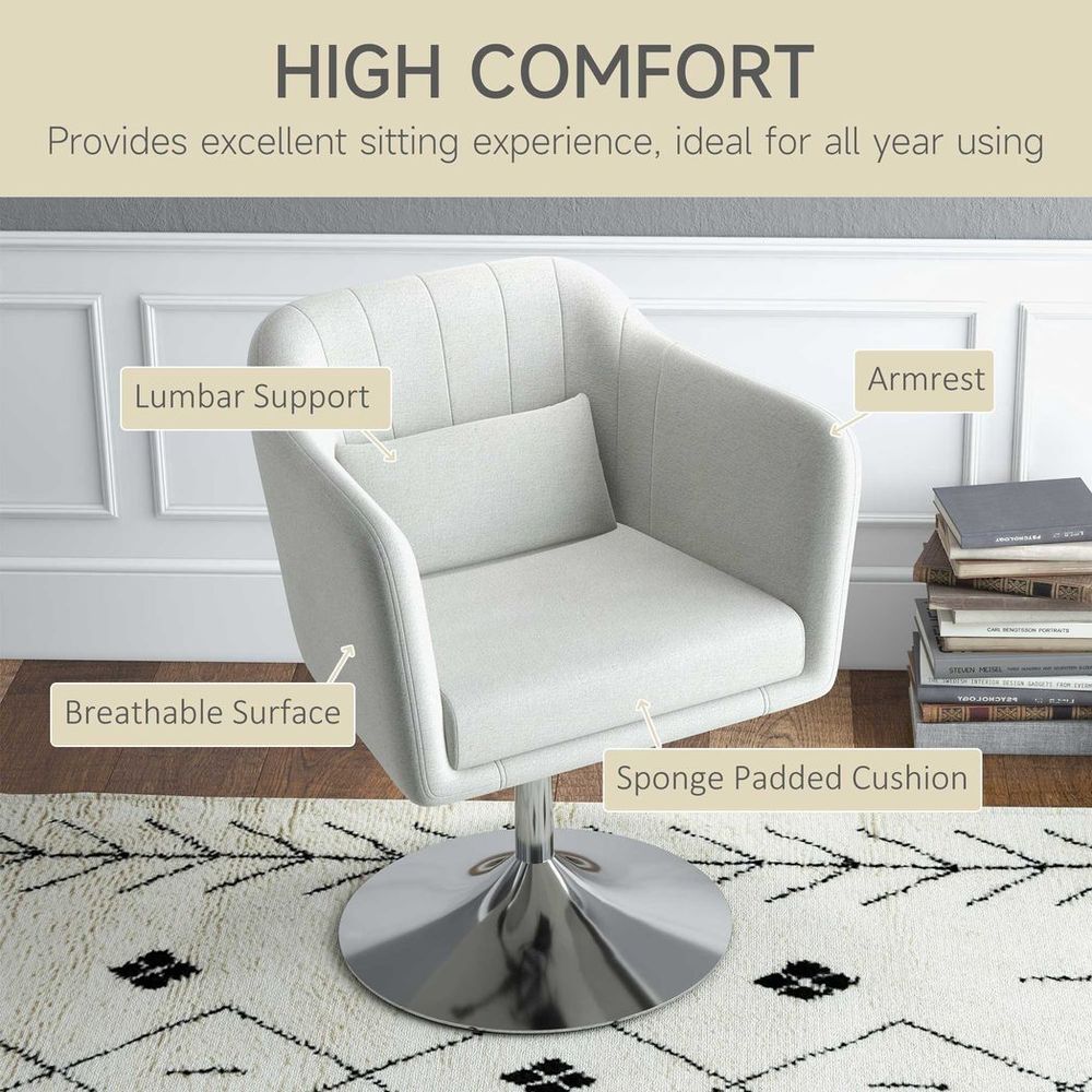 Retro Linen Swivel Chair - Steel Frame - Cushion Seat - Cream White