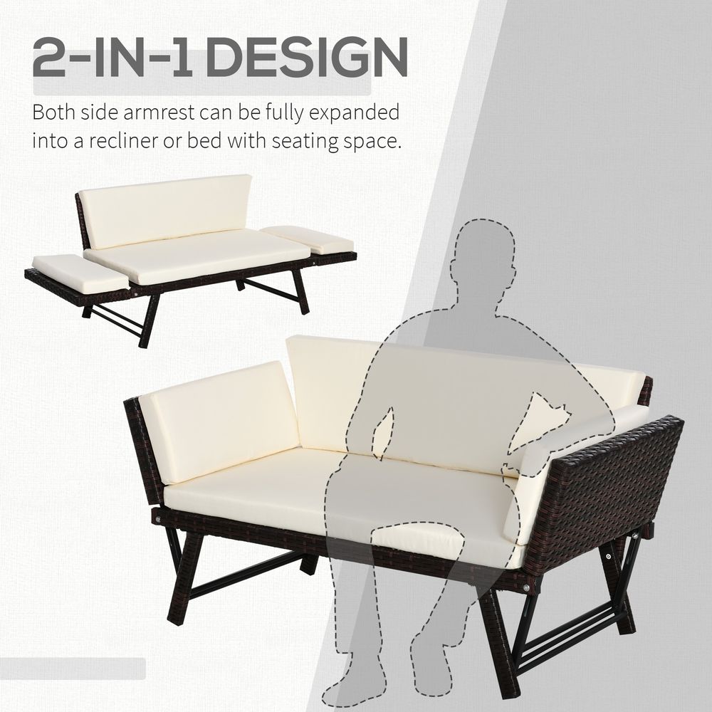 2-Seater Rattan Sofa Daybed - Convertible, Brown - Outdoor Furniture