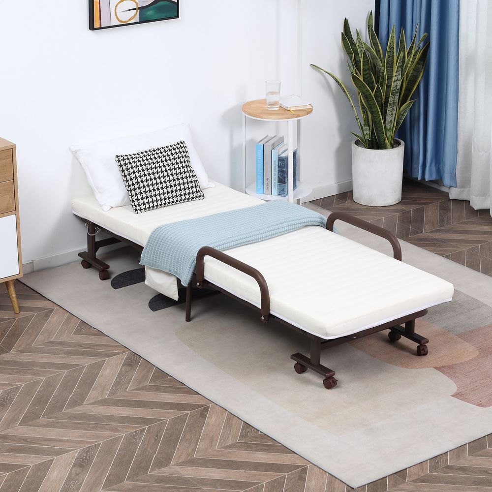 Folding Bed with Mattress, Single Guest Bed, Portable Fold Bed with Adjustable Backrest, Metal Frame on Wheels, White, 190 x 76 cm