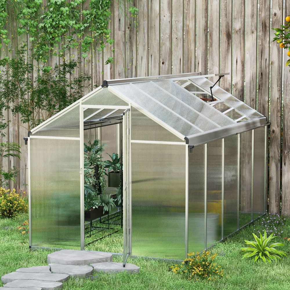 10x6ft Aluminium Greenhouse with Door, Window & Galvanised Base - PC Panel