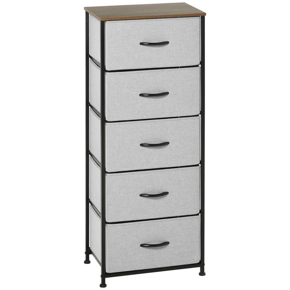 5 Drawer Fabric Chest - Wooden Top - Grey